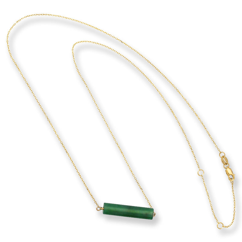 Blue-Green Guatemalan Jadeite Jade Flattened Tube 14K Yellow Gold Necklace | UPC #400399