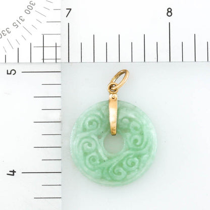 Green Jadeite Jade Carved Pi Disc 14K Yellow Gold Pendant | UPC #389670