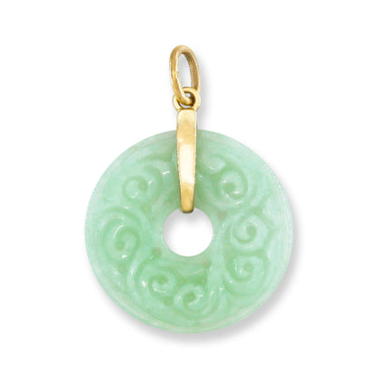 Green Jadeite Jade Carved Pi Disc 14K Yellow Gold Pendant | UPC #389670