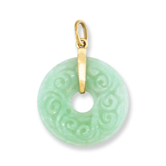 Green Jadeite Jade Carved Pi Disc 14K Yellow Gold Pendant | UPC #389670
