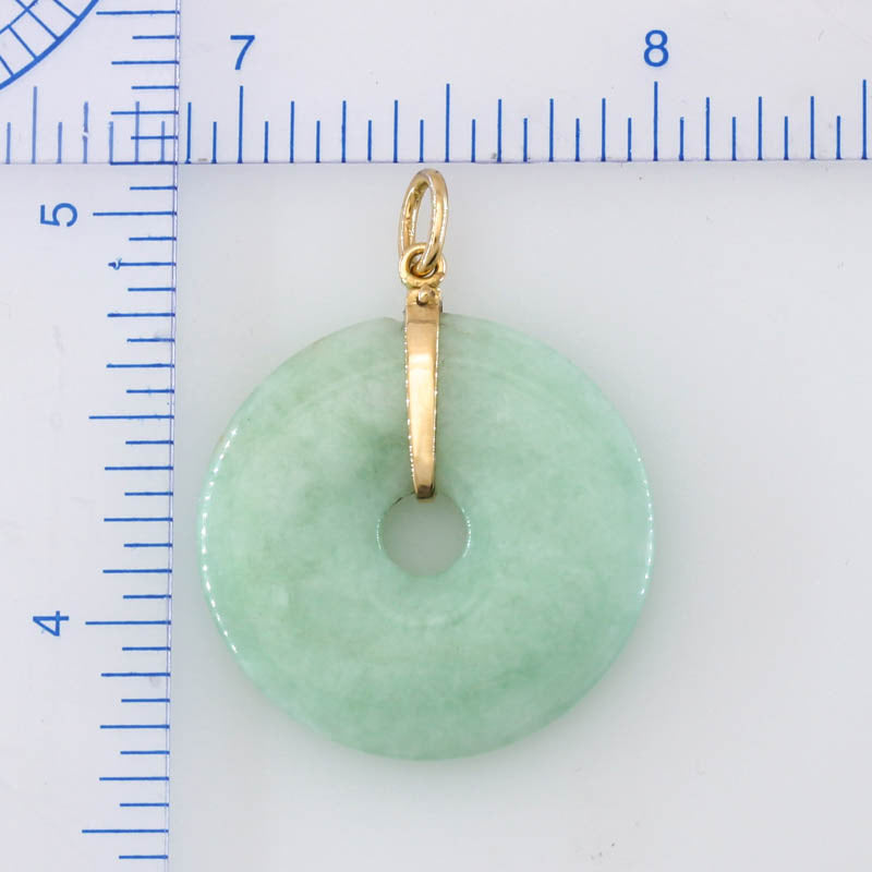 Green Jadeite Jade Pi Disc Carving 14K Yellow Gold Pendant | UPC #389465
