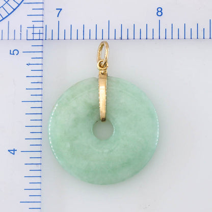 Green Jadeite Jade Pi Disc Carving 14K Yellow Gold Pendant | UPC #389465