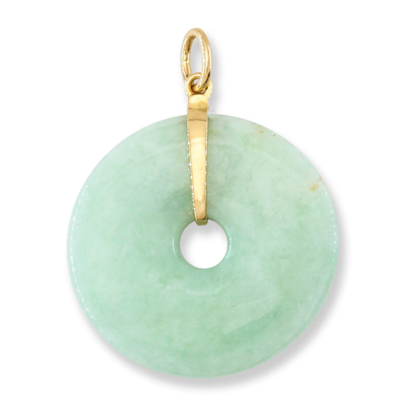 Green Jadeite Jade Pi Disc Carving 14K Yellow Gold Pendant | UPC #389465