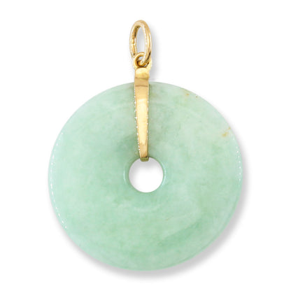 Green Jadeite Jade Pi Disc Carving 14K Yellow Gold Pendant | UPC #389465