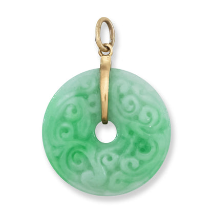 Green Jadeite Jade Carved Pi Disc 14K Yellow Gold Pendant | UPC #406087