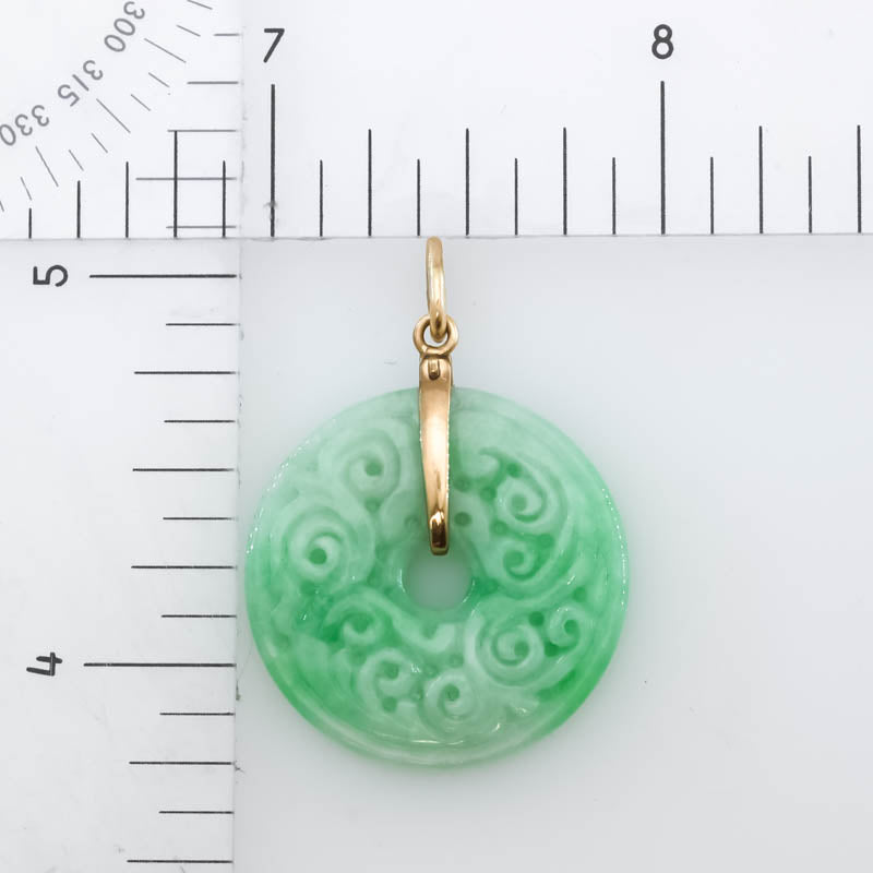 Green Jadeite Jade Carved Pi Disc 14K Yellow Gold Pendant | UPC #406087