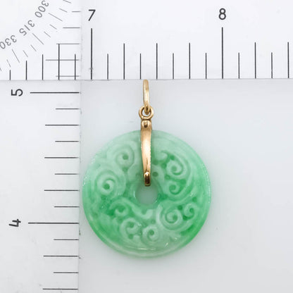 Green Jadeite Jade Carved Pi Disc 14K Yellow Gold Pendant | UPC #406087