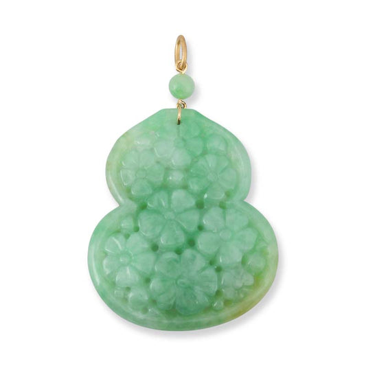 18K Yellow Gold Green Jadeite Jade Gourd Pendant Carving | UPC #362215