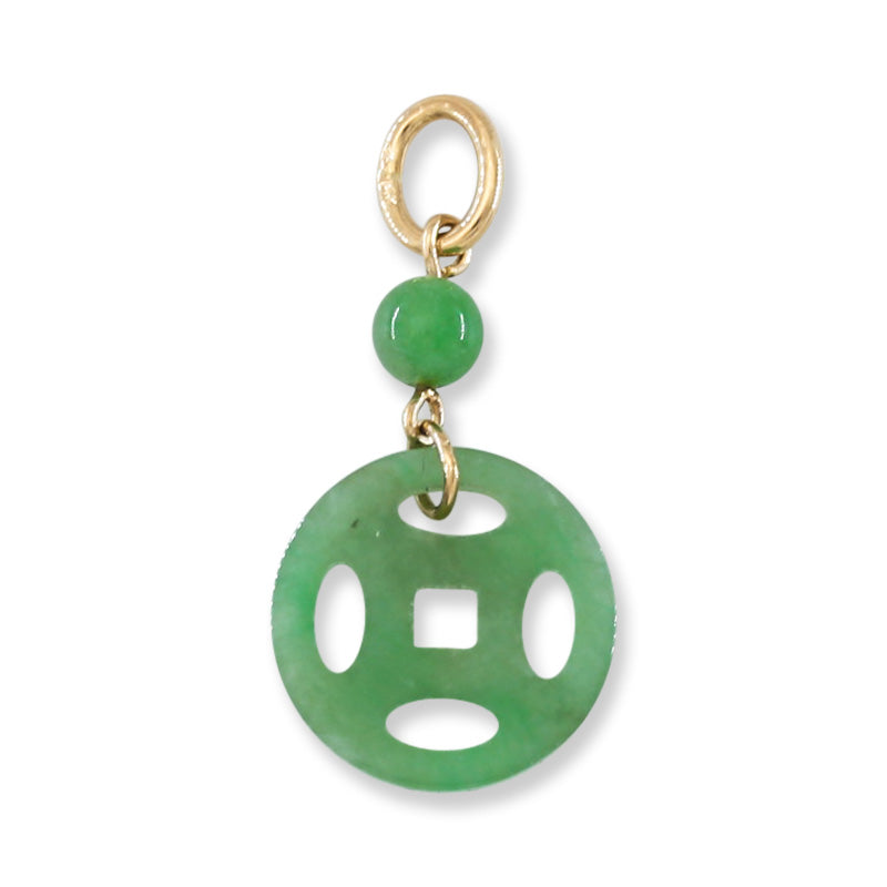 14K YELLOW GOLD GREEN JADEITE JADE CARVED COIN PENDANT UPC #395848