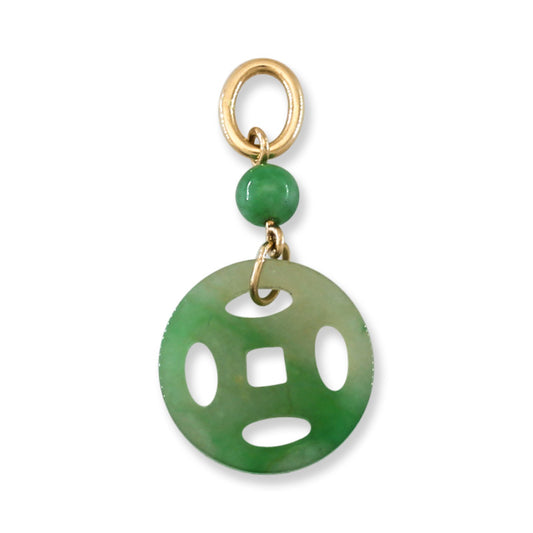 14K YELLOW GOLD GREEN JADEITE JADE CARVED COIN PENDANT UPC #395855