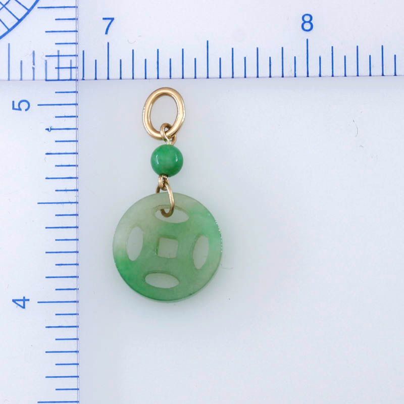 14K YELLOW GOLD GREEN JADEITE JADE CARVED COIN PENDANT UPC #395855