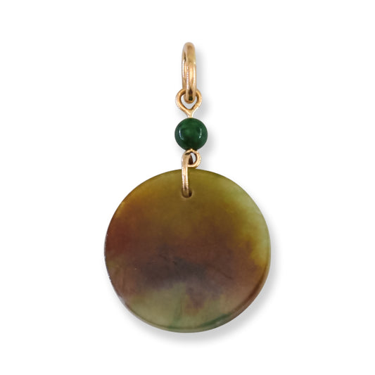 Red Jadeite Jade Flat Round Tablet 14K Yellow Gold Pendant | UPC #406346