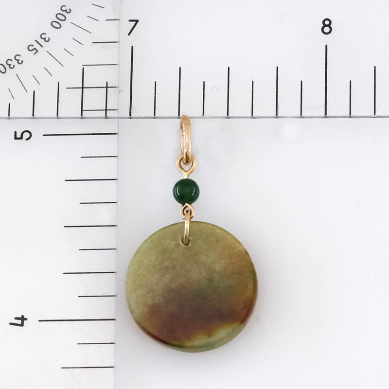 Red Jadeite Jade Flat Round Tablet 14K Yellow Gold Pendant | UPC #406346