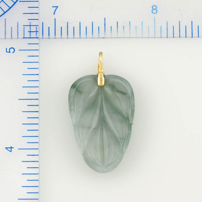 ESTATE 18K YELLOW GOLD BLUE GREEN JADEITE JADE CARVED LEAF PENDANT UPC #376809