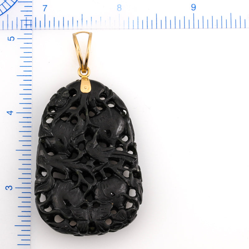ESTATE 14K YELLOW GOLD BLACK NEPHRITE JADE CARVED PENDANT UPC #385238