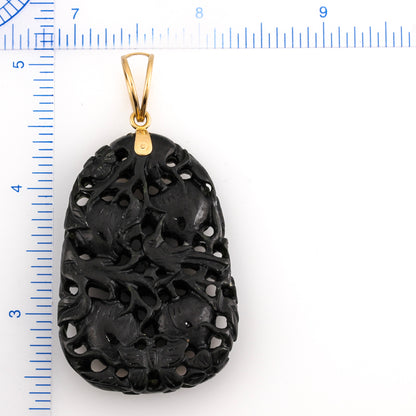 ESTATE 14K YELLOW GOLD BLACK NEPHRITE JADE CARVED PENDANT UPC #385238