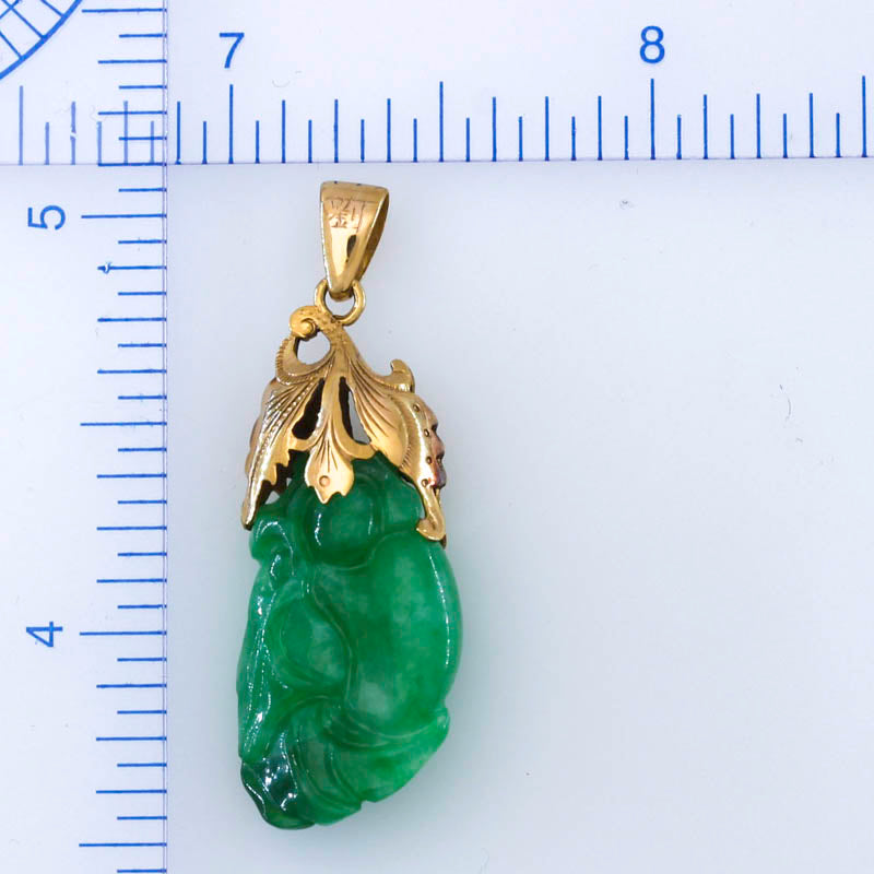 ESTATE YELLOW GOLD GREEN JADEITE JADE CARVED GOURD W/FLORA PENDANT UPC #391451