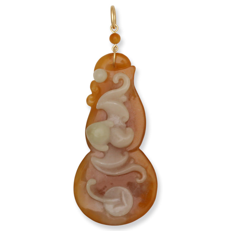 14K Yellow Gold Red and White Jadeite Jade Pendant Carving of Bat and Coin for Fortune and Prosperity | UPC #392014