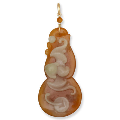 14K Yellow Gold Red and White Jadeite Jade Pendant Carving of Bat and Coin for Fortune and Prosperity | UPC #392014