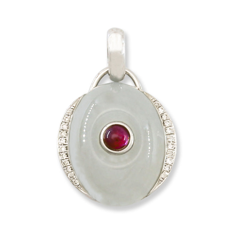 18K WHITE GOLD ICE JADEITE JADE, DIAMOND AND RUBY PENDANT UPC #392144