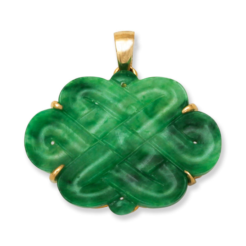 ESTATE 18K YELLOW GOLD GREEN JADEITE JADE ENDLESS  KNOT PENDANT UPC #396661