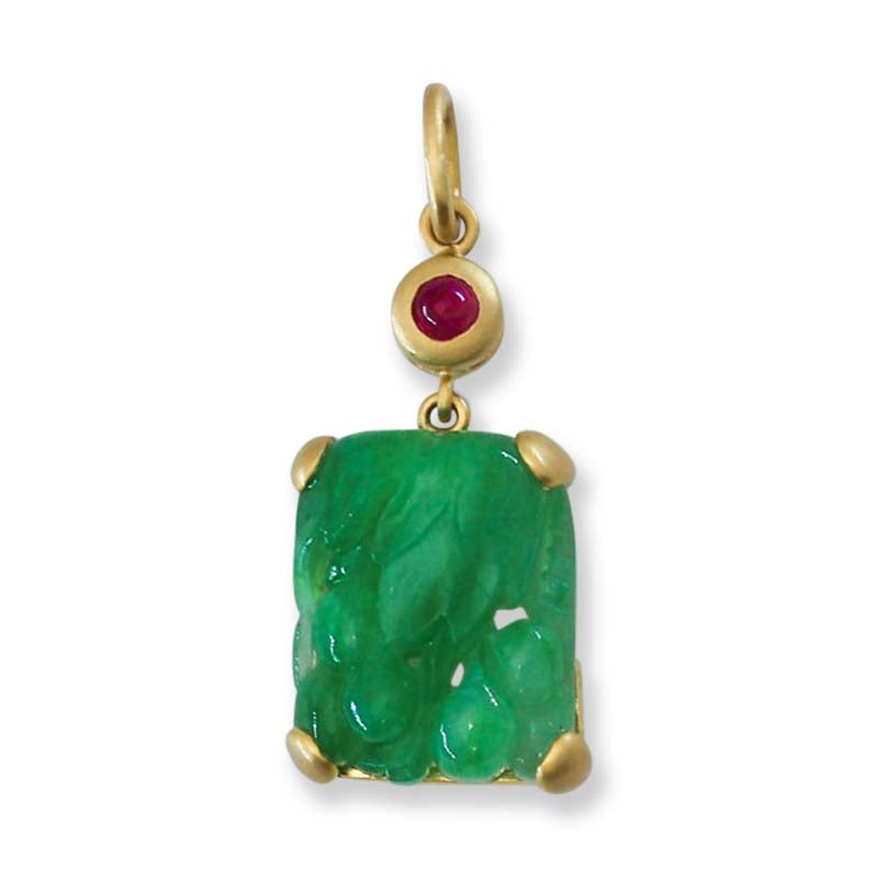 Green Jadeite Jade Carved Floral 18K Yellow Gold Pendant | UPC #397095
