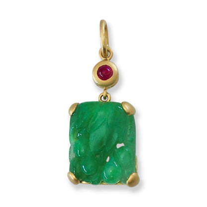 Green Jadeite Jade Carved Floral 18K Yellow Gold Pendant | UPC #397095