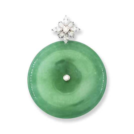 Vintage Green Jadeite Jade Pi Disc 18K White Gold Pendant | UPC #399723