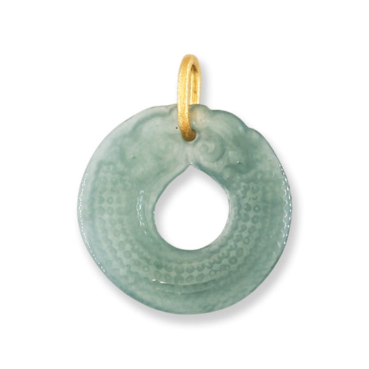Blue-Green Guatemalan Jadeite Jade Open Dragon Circle 14k Yellow Gold Pendant | UPC #400412