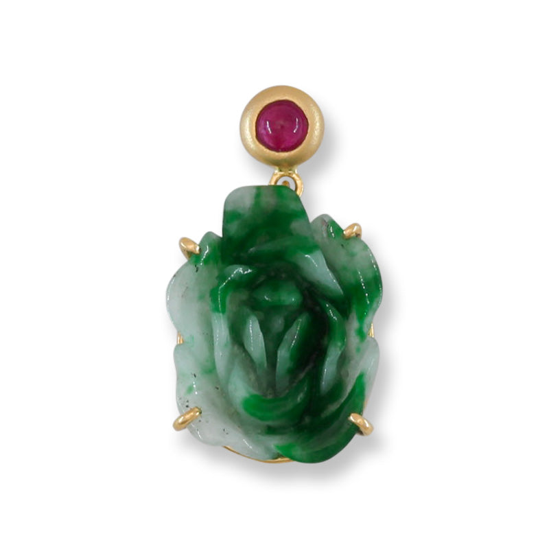 Green Jadeite Jade Carved Flower 18K Yellow Gold Pendant | UPC #404649