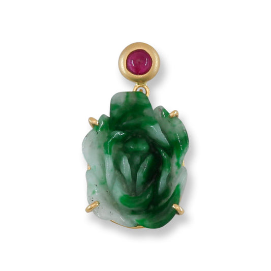 Green Jadeite Jade Carved Flower 18K Yellow Gold Pendant | UPC #404649