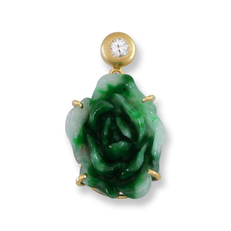 Green Jadeite Jade Carved Flower 18K Yellow Gold Pendant | UPC #404632