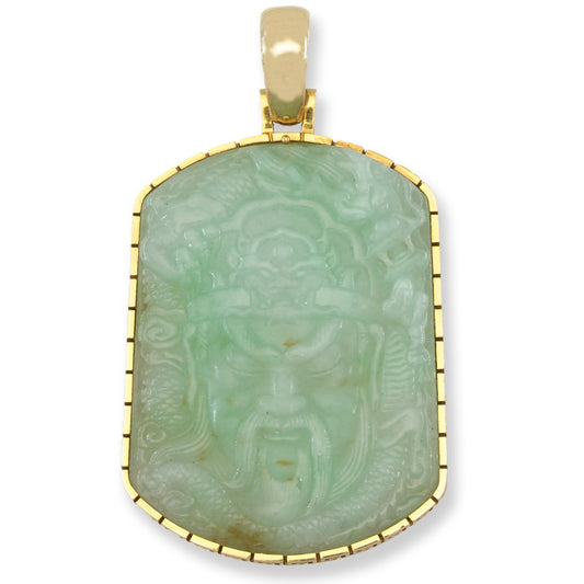 Vintage Green Jadeite Jade Warrior with Dragon 14K Yellow Gold Pendant | UPC #404953
