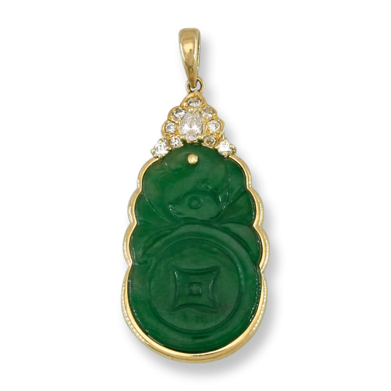 Vintage Green Jadeite Jade Carved Bat & Coin 18K Yellow Gold Pendant | UPC #405264