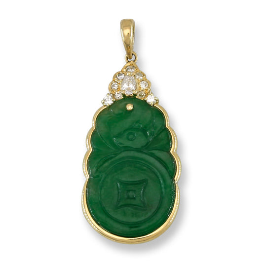 Vintage Green Jadeite Jade Carved Bat & Coin 18K Yellow Gold Pendant | UPC #405264