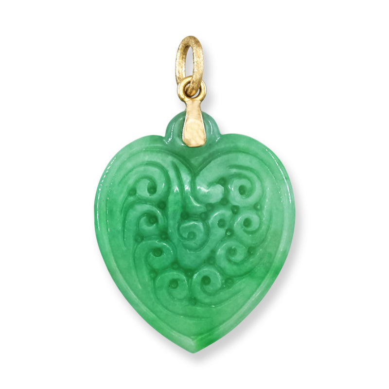 Green Jadeite Jade Carved Heart 14K Yellow Pendant | UPC #406070
