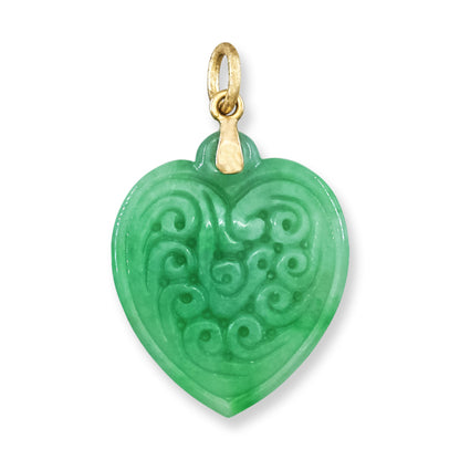 Green Jadeite Jade Carved Heart 14K Yellow Pendant | UPC #406070