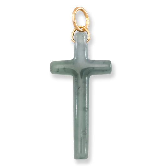 Blue Green Jadeite Jade Cross 14K Yellow Gold Pendant | Guatemalan Jade | UPC #406902