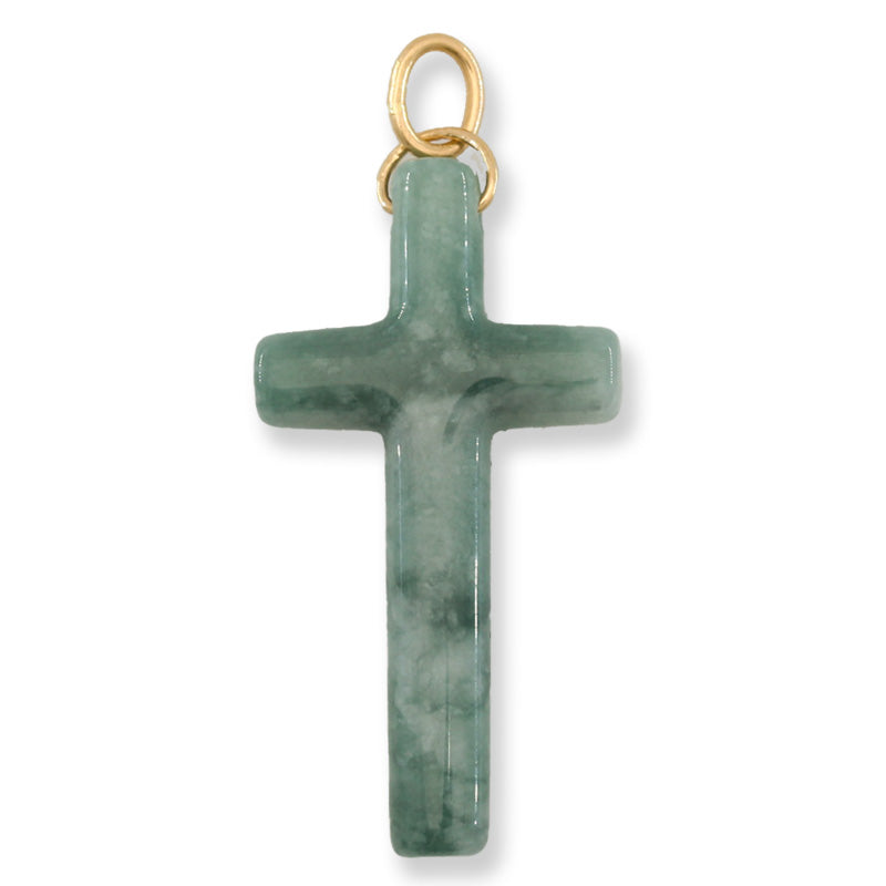 Blue Green Jadeite Jade Cross 14K Yellow Gold Pendant | Guatemalan Jade | UPC #406858