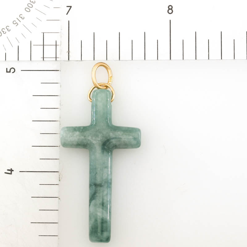 Blue Green Jadeite Jade Cross 14K Yellow Gold Pendant | Guatemalan Jade | UPC #406858