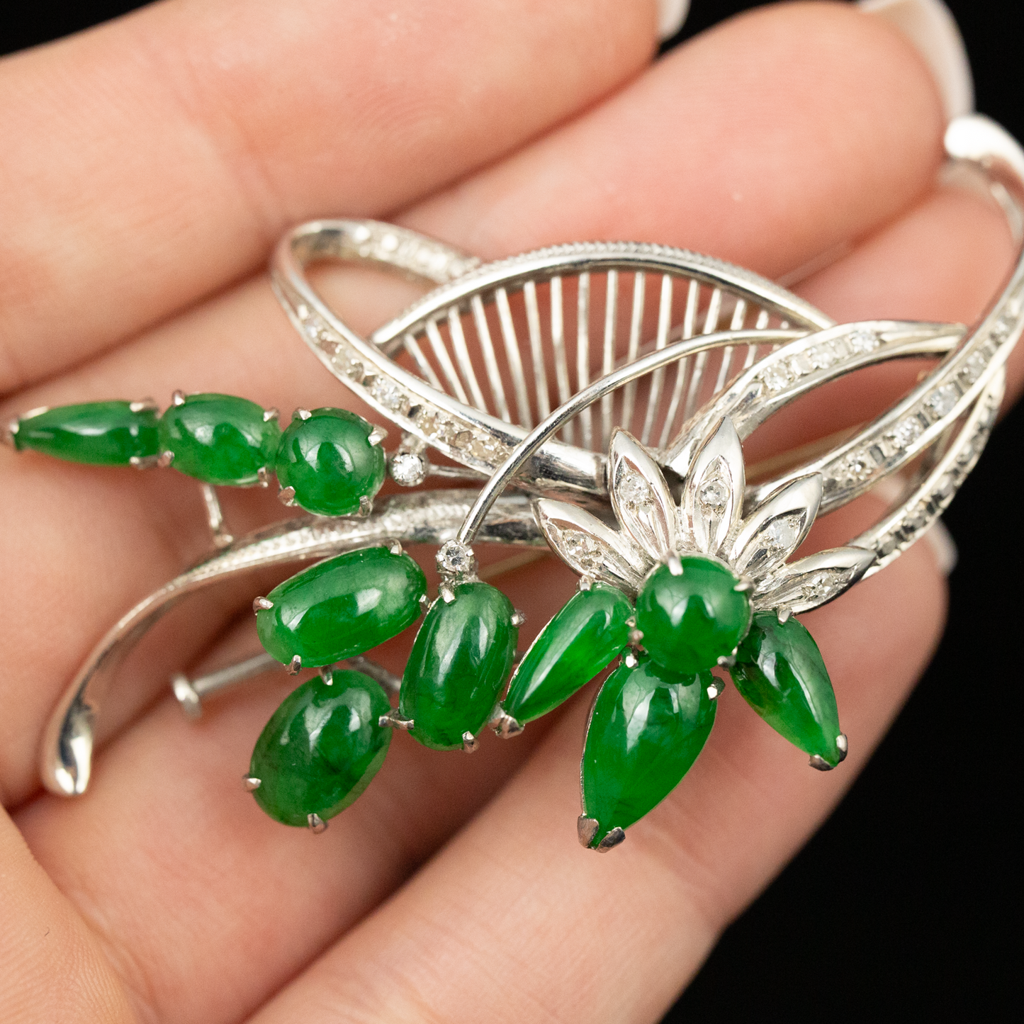 Estate 18K White Gold Green Jadeite Jade Vintage Pin | UPC #336759