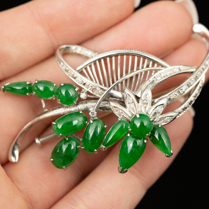 Estate 18K White Gold Green Jadeite Jade Vintage Pin | UPC #336759
