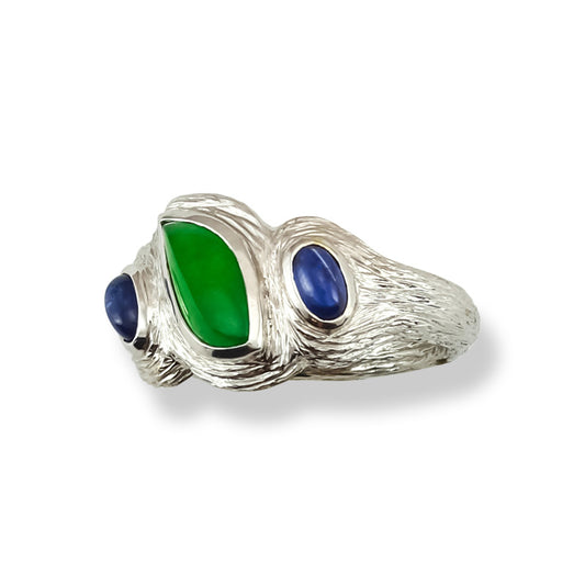 18K White Gold Green Jadeite Jade and Sapphire Designer Ring | UPC #275195