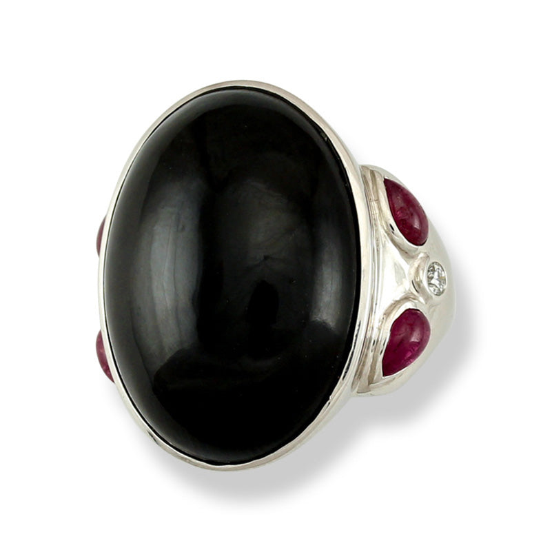 18K White Gold Black Nephrite Jade, Ruby, and Diamond Fashion Ring  UPC #303508