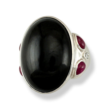 18K White Gold Black Nephrite Jade, Ruby, and Diamond Fashion Ring  UPC #303508