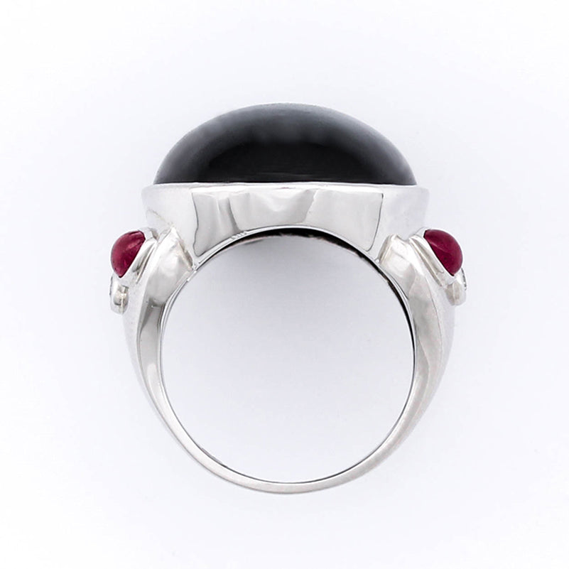18K White Gold Black Nephrite Jade, Ruby, and Diamond Fashion Ring  UPC #303508