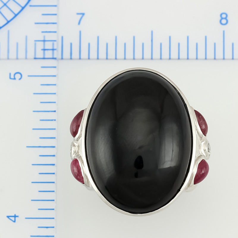18K White Gold Black Nephrite Jade, Ruby, and Diamond Fashion Ring  UPC #303508