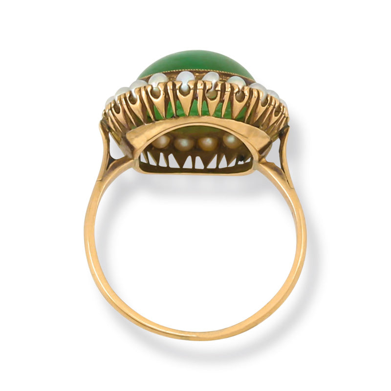 ESTATE YELLOW GOLD GREEN JADEITE JADE & PEARL RING UPC #333871