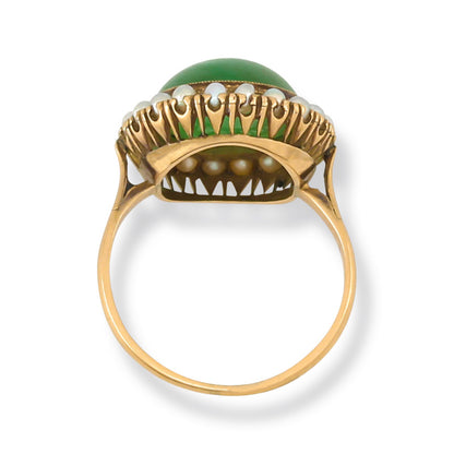 ESTATE YELLOW GOLD GREEN JADEITE JADE & PEARL RING UPC #333871
