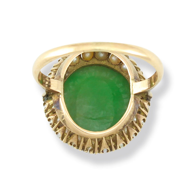 ESTATE YELLOW GOLD GREEN JADEITE JADE & PEARL RING UPC #333871